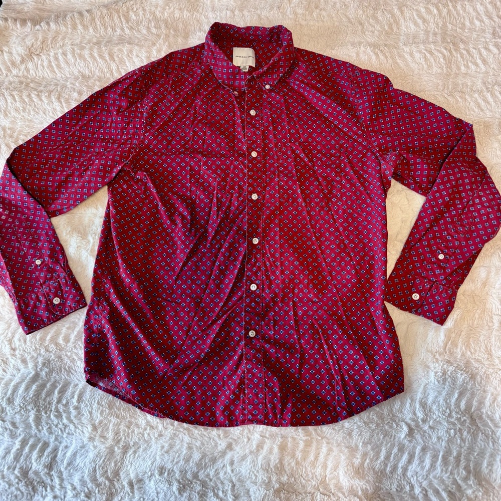 American Eagle Geometric Diamond Button-Up Shirt Men’s L Red Blue White